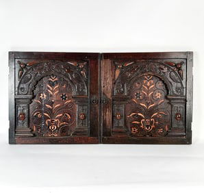 PAIR 17TH C. ENGLISH INLAID CARVED CABINET DOORS