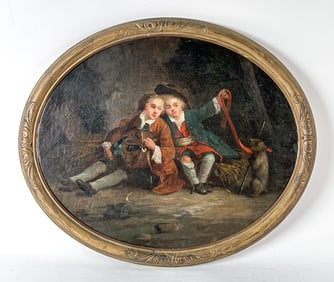 CIRCA 1800 FRENCH BOYS WITH CUB OIL ON CANVAS