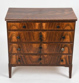 EUROPEAN FLAME MAHOGANY CHEST OF DRAWERS 19TH C.