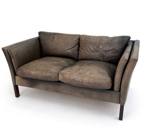 ATTR. STOUBY LOVESEAT LEATHER SOFA C. 1970S