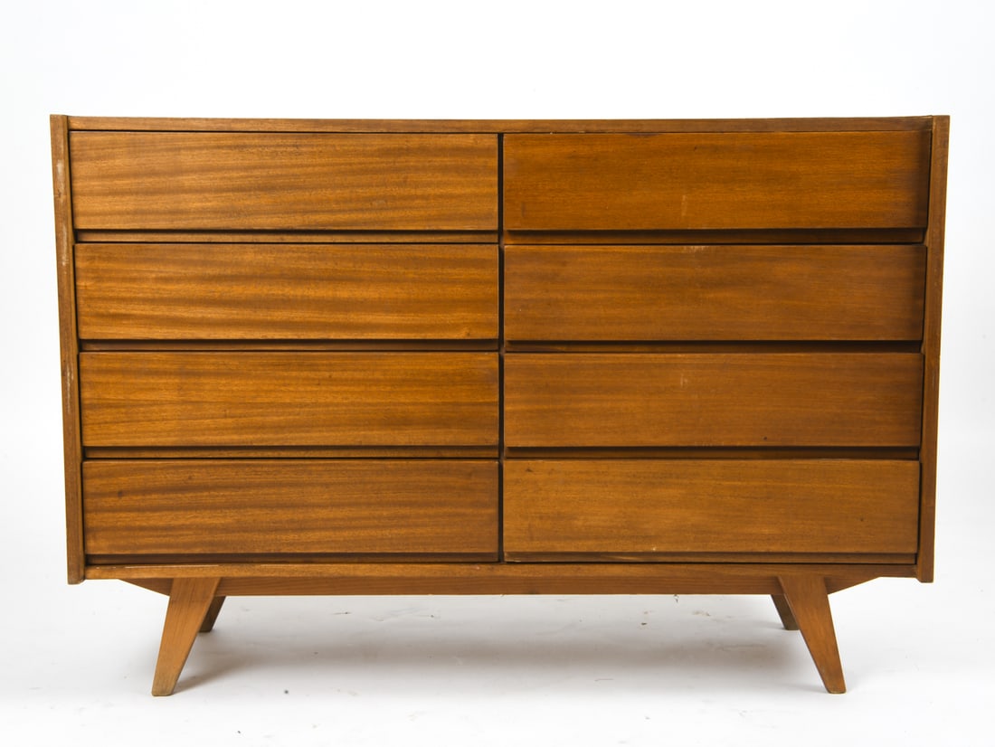 JIRI JIROUTEK BEECH CHEST OF DRAWERS C. 1960S: Beech wood chest of drawers by Jiri Jiroutek, model U-453. With remnants of paper label on back panel. Featuring 8 drawers total with 4 on each side and plastic interior to drawers. Czechoslovakia, ci