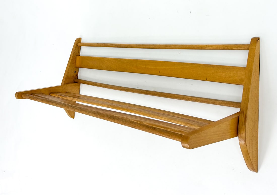 POLISH WALL MOUNTED BEECH SHELF RACK C. 1970S (1 of 11)