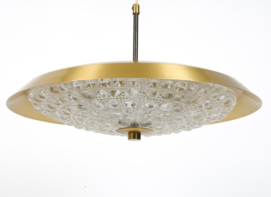 CARL FAGERLUND FOR LYFA BRASS CEILING LAMP C.1960S: Brass and molded crystal glass ceiling lamp by Carl Fagerlund for Lyfa, Apparently unmarked. Sweden, circa 1960s. Dimensions: H 12" x Dia 19" Condition: Untested. Wear consistent with age and use. Min