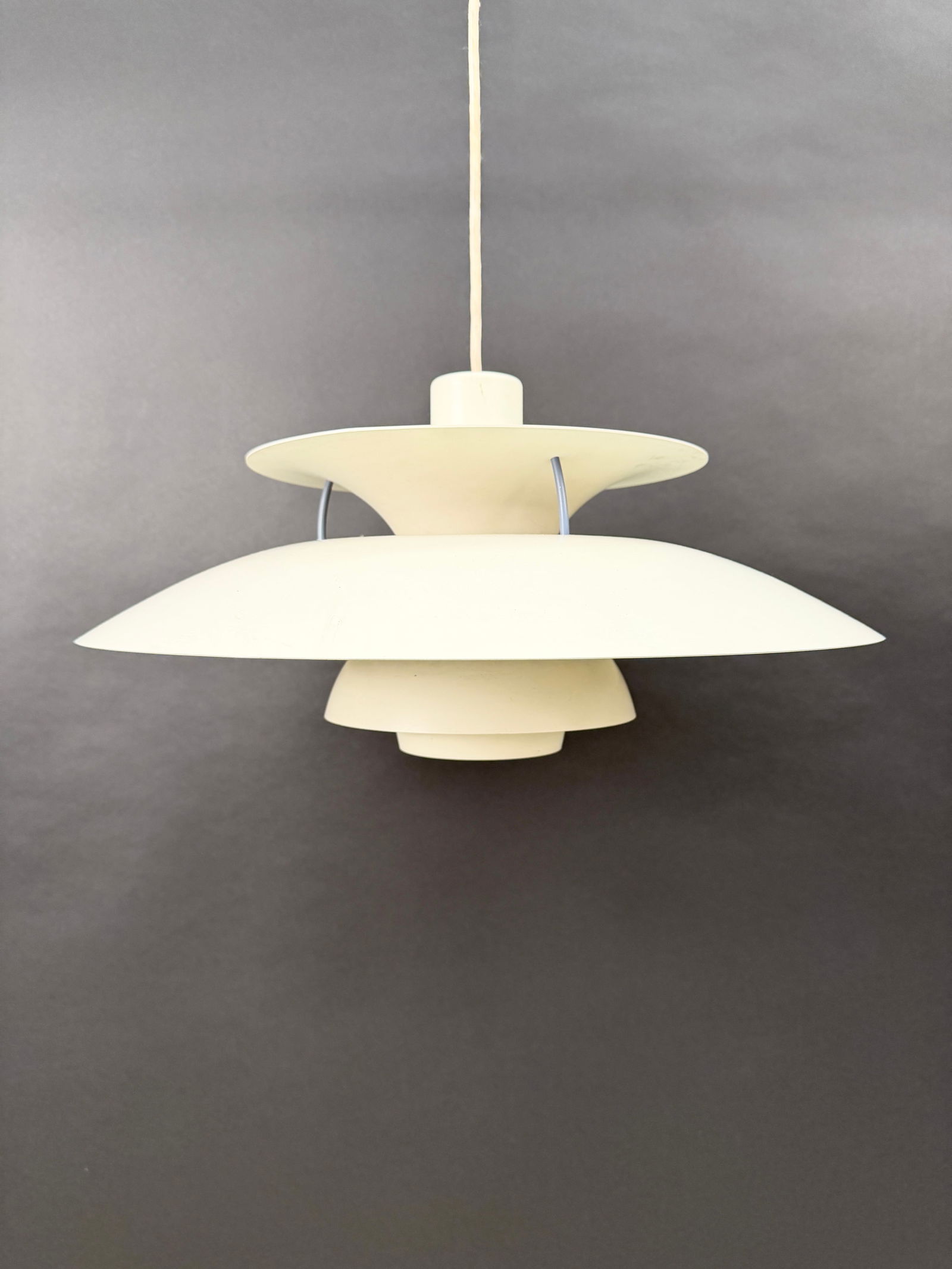 POUL HENNINGSEN PH5 PENDANT LAMP CIRCA 1960S: For Louis Poulsen. Tag near socket. Denmark, circa 1960s. Dimensions: H 11" x Dia 19" Condition: Wear consistent with use and age. Scratches, and minor paint loss. Untested. E66