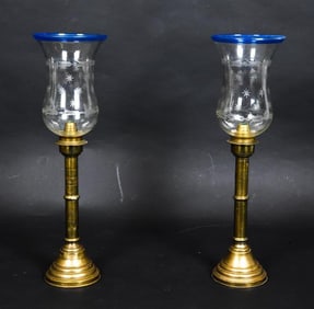PAIR OF RUSSIAN BRASS & GLASS CANDLESTICK HOLDERS