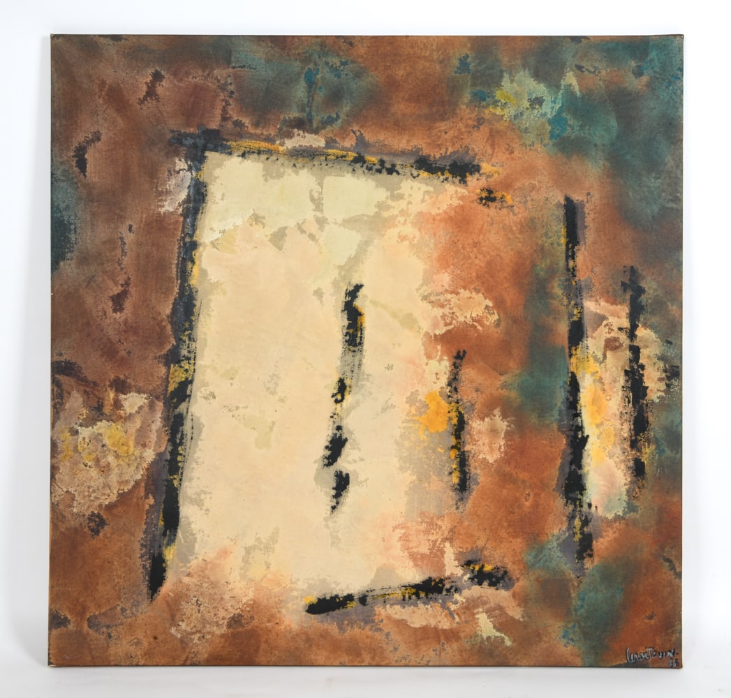 SCANDINAVIAN ABSTRACT O/C PAINTING 1986: Signed "CeporTvein" and dated '86 lower right. Unframed. Acrylic paint on canvas. Dimensions: L 51" x W 51.25" Condition: Wear consistent with age. Minor scratches to edges.