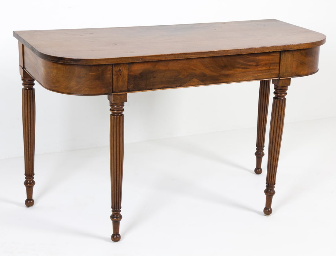 ENGLISH REGENCY MAHOGANY STYLE CONSOLE TABLE: Dimensions: H 29.5" x W 47" x D 21". Condition: Showing signs of wear including light scuffs and scratches consistent with age and use.