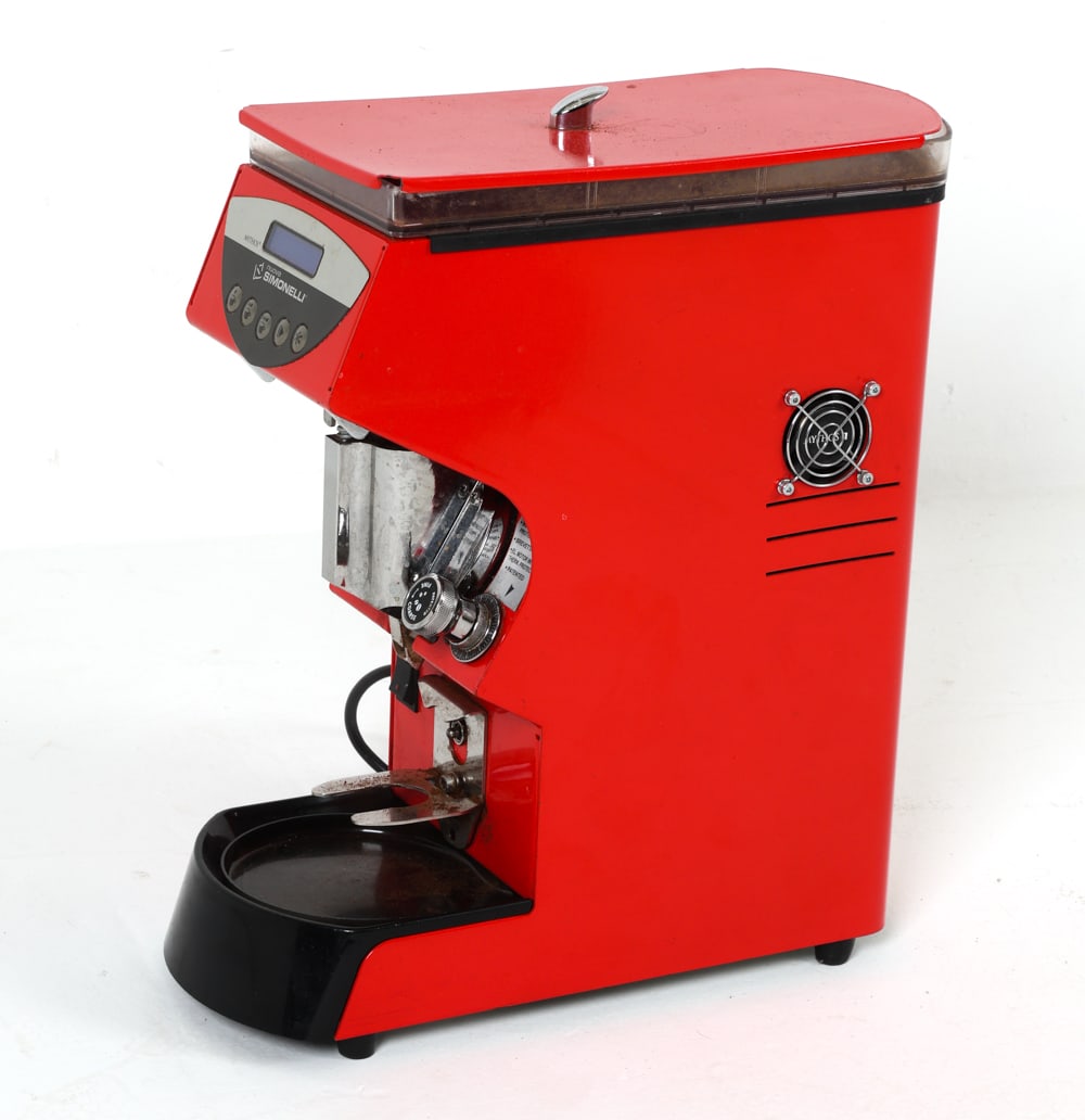 SIMONELLI NUOVA MYTHOS COFFEE GRINDER: Labeled front. Dimensions: H 19" x W 17" x D 7.5" Condition: Wear consistent with age and use.