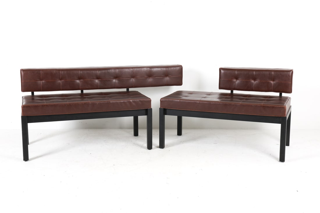 PAIR OF STEFAN RURAK LEATHER BANQUETTE SEATS: Tufted leather upholstery with metal frames. Dimensions: H 30.75" x W 47" x D 24" S.H. 20". Condition: Few rubs and scuffs to leather. Light scratches to metal frames.