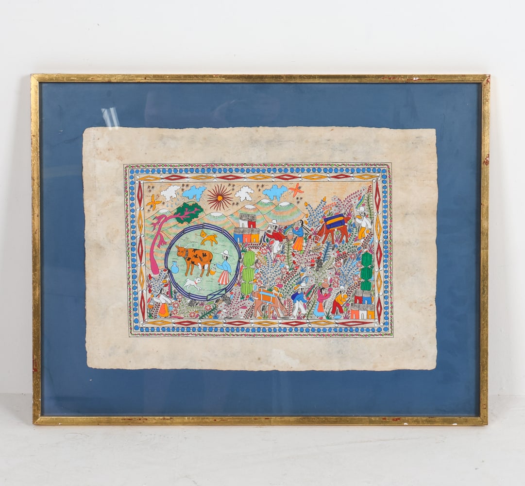 VINTAGE MEXICAN BARK CLOTH PAINTING: Hand-painted village scene on bark cloth. Dimensions: Frame H 22.5" x W 28.5". Painting H 15.5" x W 22". Condition: Not examined out of frame. Scuffs and rubs to frame. Wear consistent with age and us