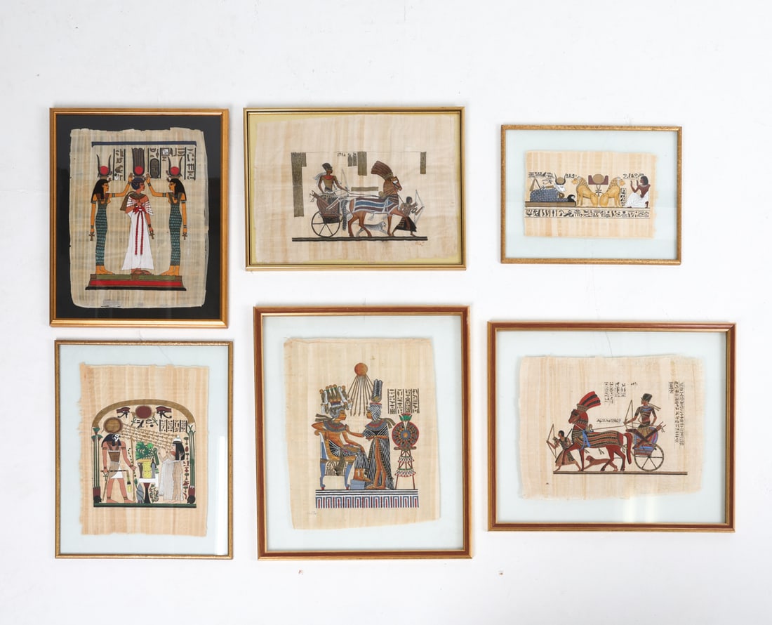 117EGYPTIAN PAPYRUS PAINTINGS: 20th c. Paintings on papyrus in style of ancient Egyptian art. Includes (6) pieces all together. Indistinctly signed. Dimensions: Largest H 24.5" x W 19.25". Paper H 17.5" x W 13.5". Condition: Few sc