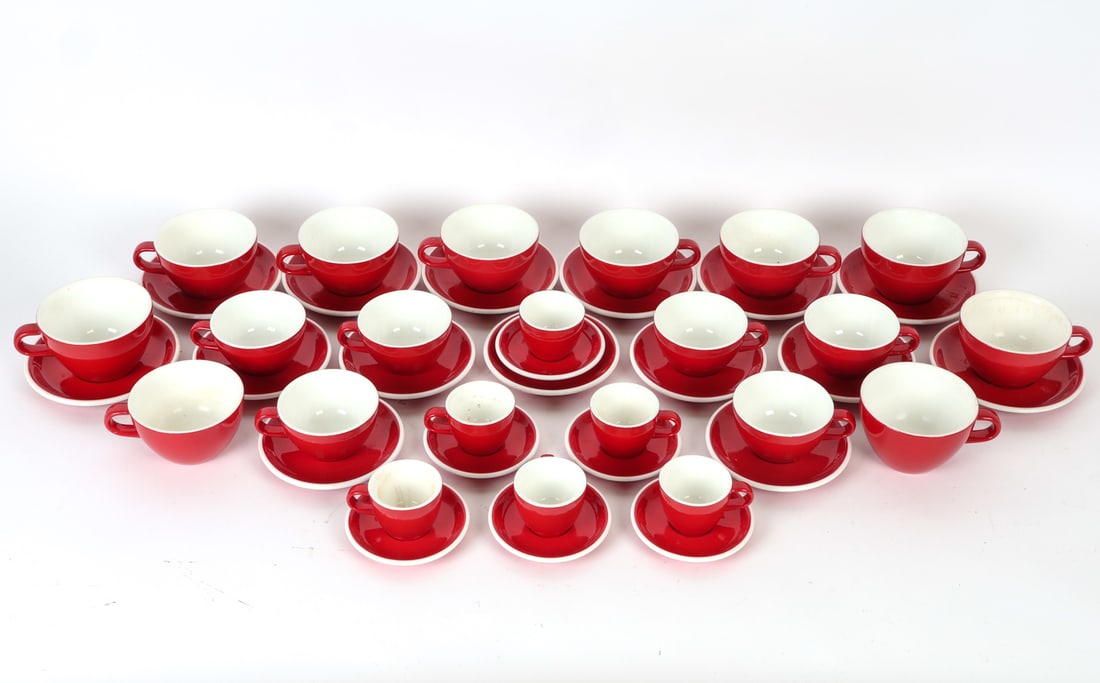 ACME TEA, COFFEE, ESPRESSO SERVICE GROUPING: (43) Pieces total. Dimensions: (cup) H 2.5" x W 5" x D 4". Condition: Wear consistent with age and gentle use, few cups missing their matching saucer.