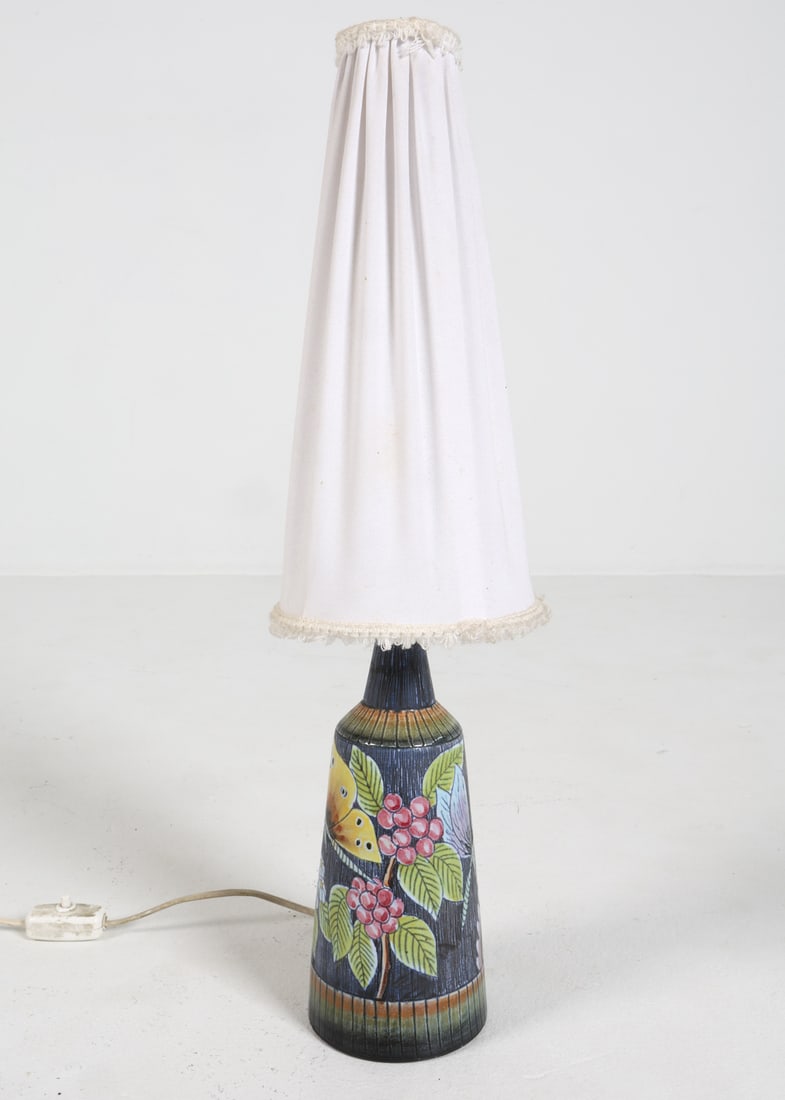 ALINGSAS CERAMIC TABLE LAMP: Marked under base and signed to side near bottom. Dimensions: H 24.5" x Dia. 4.5". Condition: Wiring untested, cord cut. Minor scuffs. Some surface soiling to shade. Wear consistent with age and use.