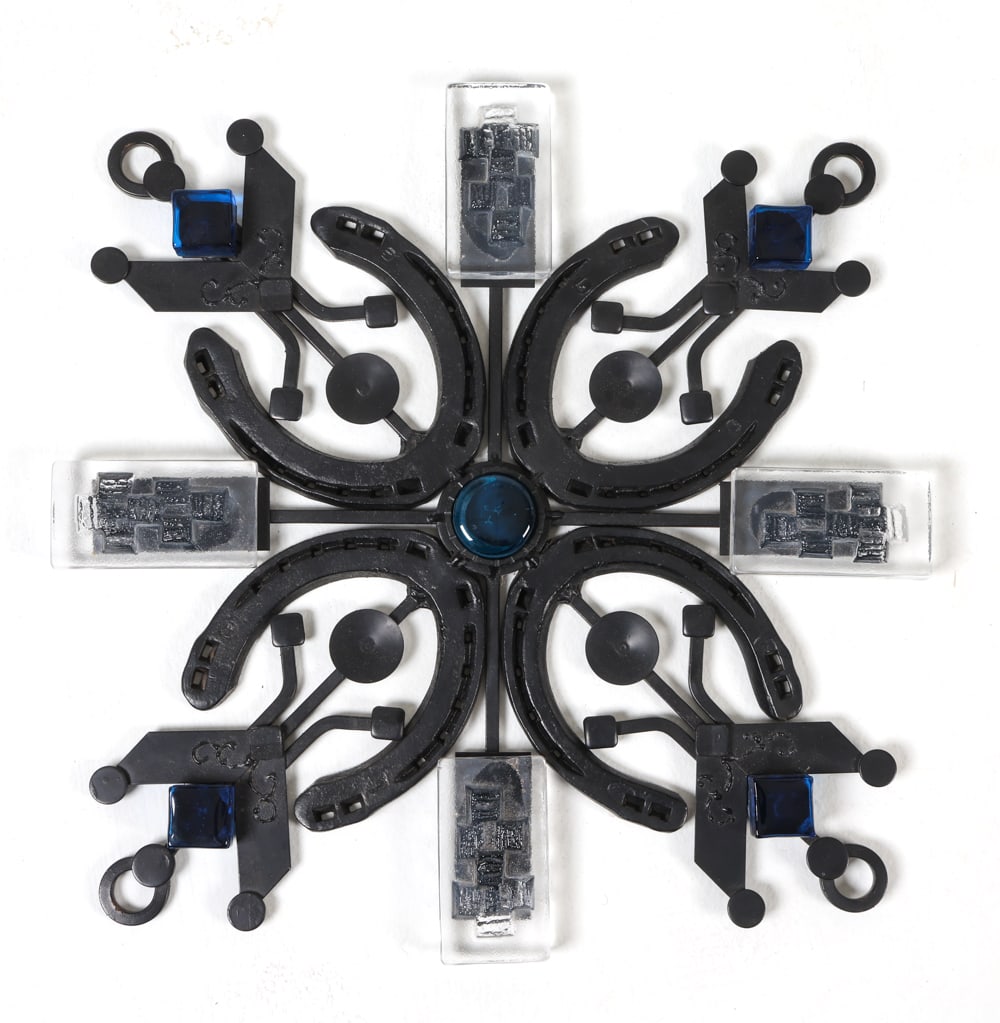 DANTOFT STEEL & GLASS WALL SCULPTURE 1970S: Abstract steel wall sculpture with glass elements. Scandinavian, circa 1970s. Dimensions: H 21.5" x W 20.75". Condition: Minor scuffs to metal. Wear consistent with age and display. JE173