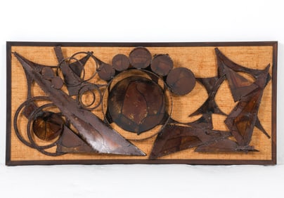Abstract metal sculpture mounted to wall display. Information on the back. Denmark, circa 1970s.