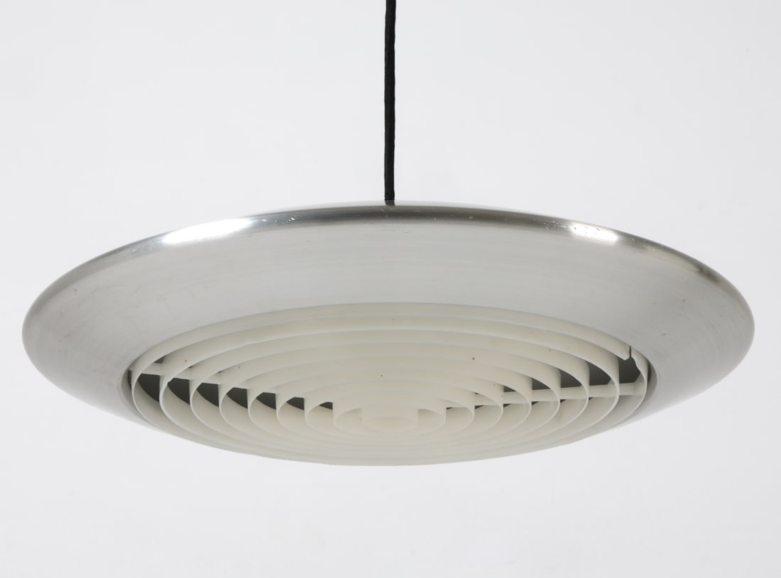 JO HAMMERBORG FOG & MORUP 'DISKOS' LAMP C. 1970S: Danish Space age "Diskos" pendant light in aluminum, by Jo Hammerborg Fog & Morup. Apparently unmarked. Denmark. circa 1970s. Dimensions: H 5.25" x Dia. 18.25" Condition: Not tested, Wear consistent w