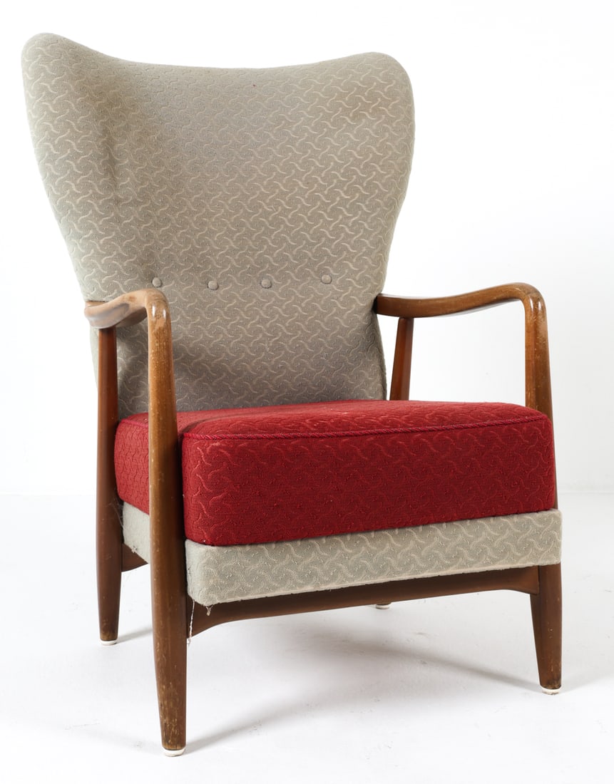 SOREN HANSEN DANISH HIGHBACK LOUNGE CHAIR C. 1950S: High back lounge chair by Soren Hansen. Beech arms and legs with fabric upholstery. Apparently unmarked. Denmark, circa 1950s. Dimensions: H 39" x W 24.5" x D 25.25" x SH 16.25". Condition: Scuffs, di