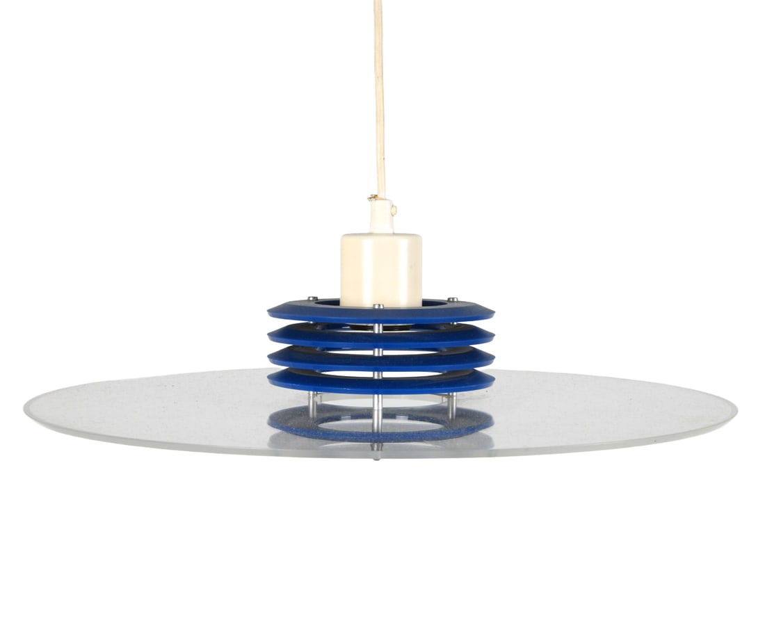 DESIGNLIGHT M. 'JUPITER' PENDANT LAMP C. 1990S: For DesignLight. Round steel and glass saucer pendant light. Label inside near socket. Denmark, circa 1990s. Dimensions: H 6" x Dia. 17.5". Condition: Wiring untested. Minor scuffs. Wear consistent wi