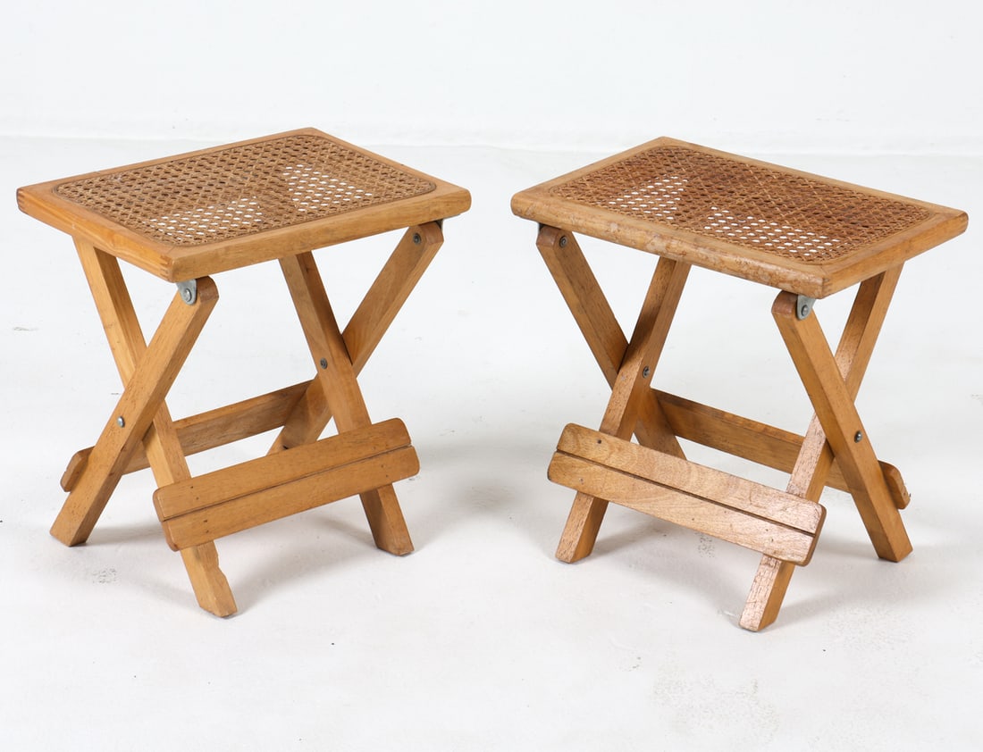PAIR OF OAK & CANE FOLDING SIDE TABLES C. 1970S (1 of 9)