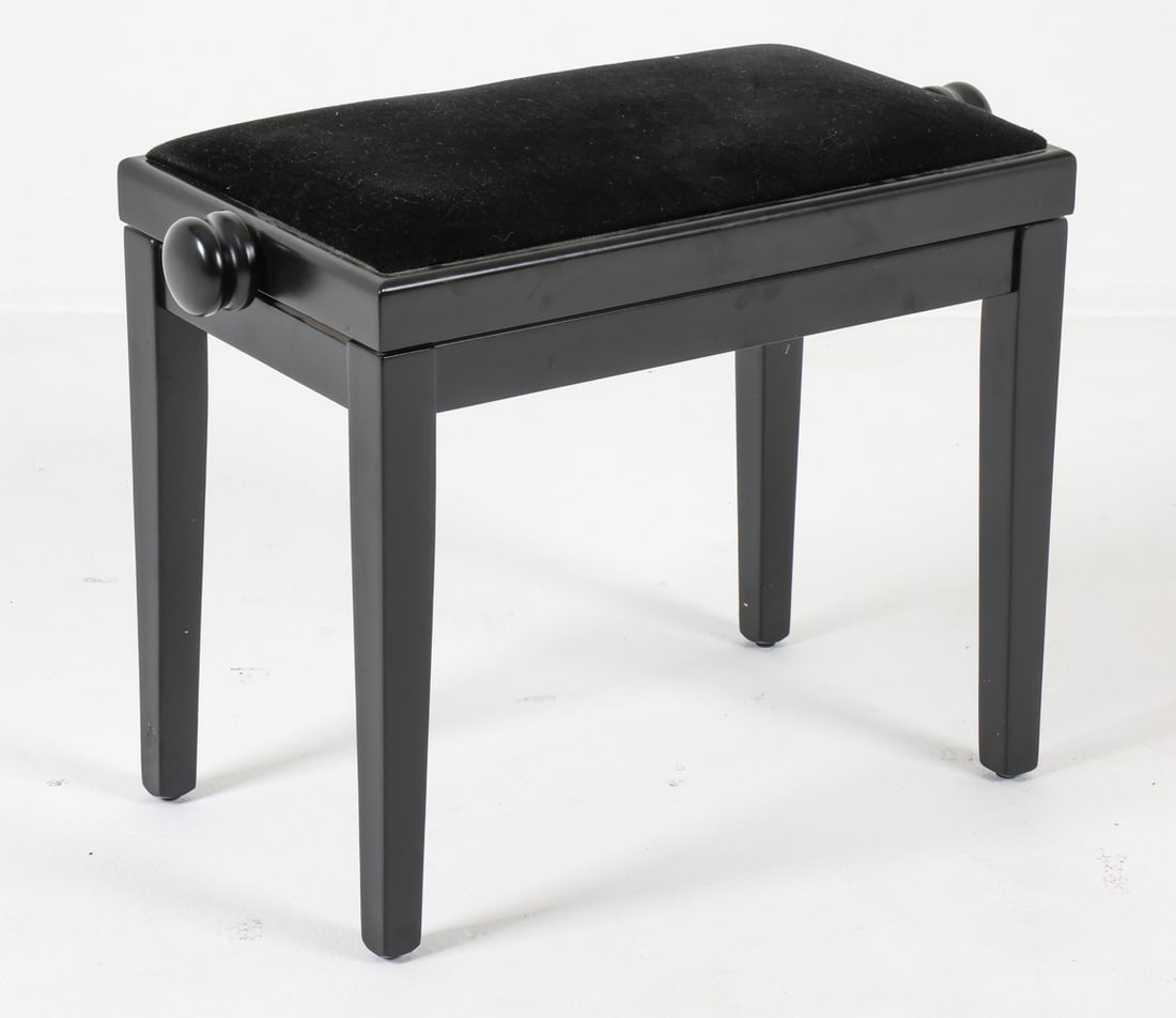 STAGG STYLE GERMAN PIANO BENCH C. 1980S: Black painted finish with velour seat. European, circa 1980s. Dimensions: H 19" x W 21.5" x D 12.75". Condition: Minor scuffs and dings. Wear consistent with age and use. E029