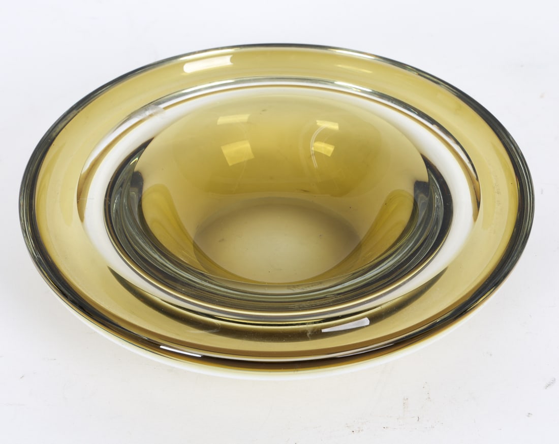 VENINI MURANO GLASS DISH C. 1960S: Signed under base and dated 1964. Dimensions: Dia. 8". Condition: Minor scuffs, good presentation overall.