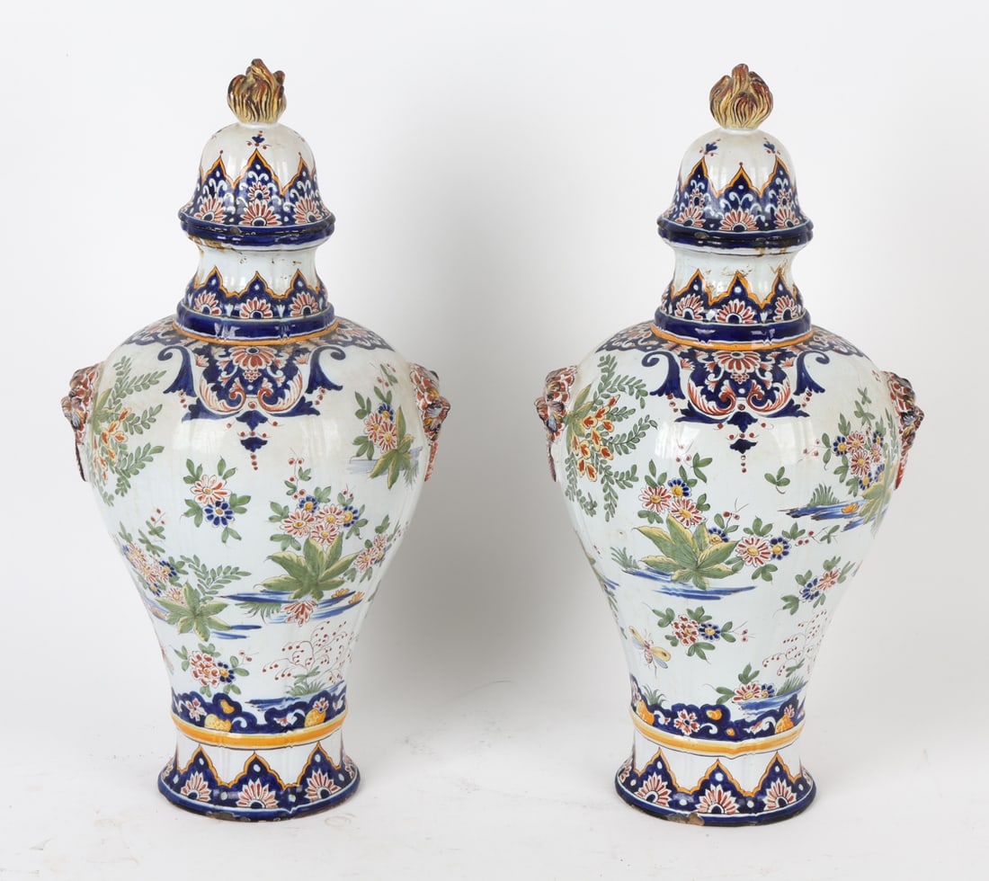 PAIR ANTIQUE FRENCH FAIENCE EARTHENWARE URNS (1 of 12)