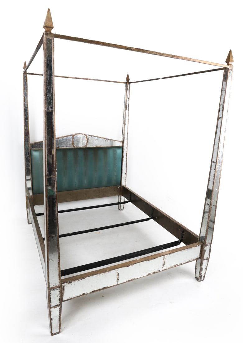 MIRRORED HOLLYWOOD REGENCY CANOPY POSTER BED FRAME: Antique style mirrored glass bed frame. Silk upholstery. Queen size. 20th century. Dimensions: H 93" x W 67" x D 88". Interior D 78" x W 58". Condition: Few chips to gilded finish. Intentionally distr