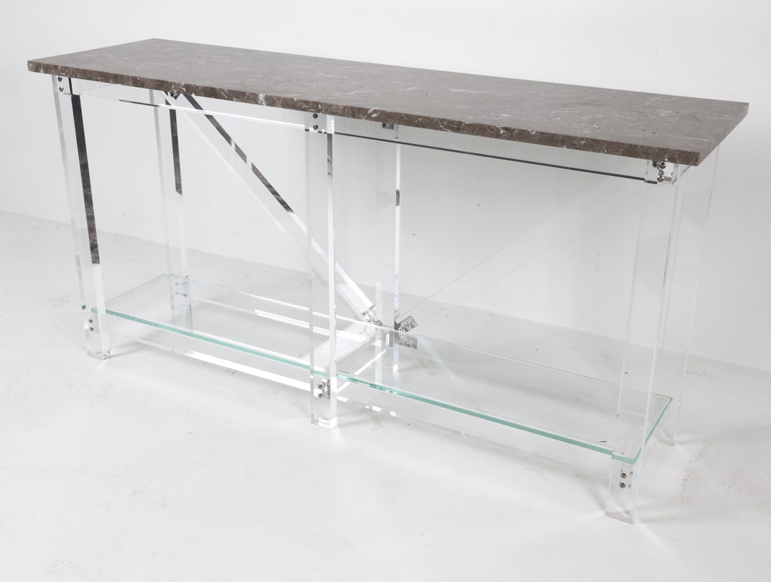 LUCITE AND MARBLE CONSOLE TABLE: Dimensions: H 32" x W 64" x D 18" Condition: No issues to note.