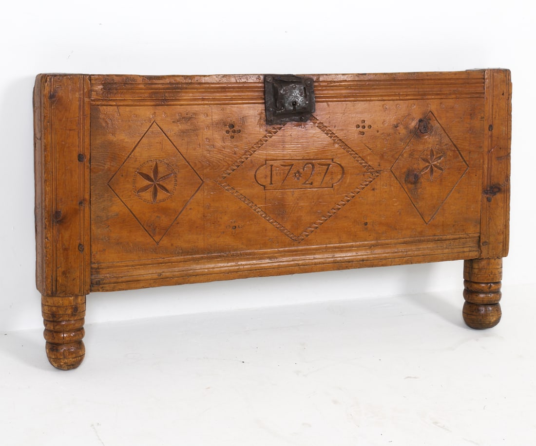 C. 1727 CARVED PINE TRUNK FRONT HEADBOARD (1 of 8)