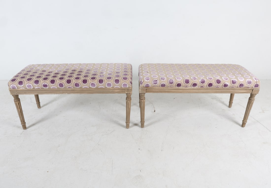 PAIR OF LOUIS XVI STYLE BENCHES: Carved wooden frames with patterned velour upholstery. Dimensions: H 21" x W 43" x D 19" x SH 21". Condition: Some rubs and scuffs to the legs. Wear consistent with age and use.