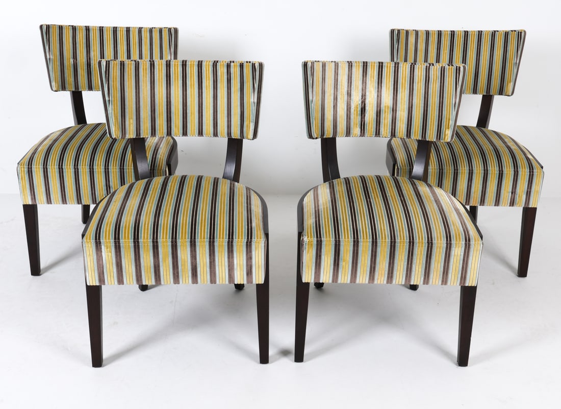 (4) MAHOGANY CORDUROY DINING CHAIRS: Mahogany frames with patterned corduroy upholstery. Late 20th century. Dimensions: H 32.25" x W 20.25" x D 21" x SH 18". Condition: Few scuffs and scratches to wood. Wear consistent with age and use.