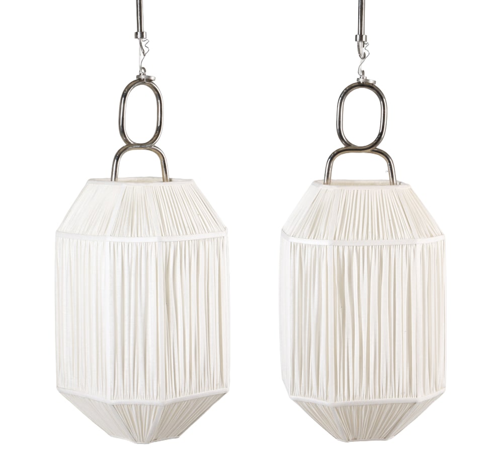 PAIR OF FABRIC LANTERN PENDANT LIGHTS: Fabric lantern pendant lights with chrome steel frames. Contemporary. Dimensions: H 28" x W 11.5" x D 11.5". Condition: Wiring untested. Minor scratches to metal. Wear consistent with regular use.