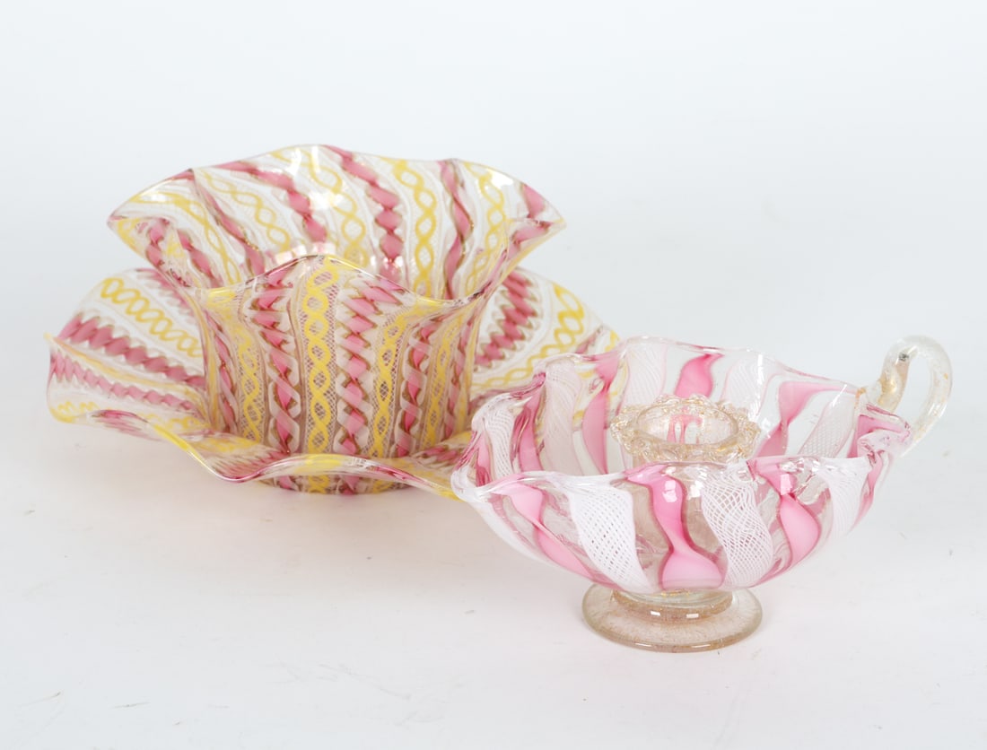 GROUPING OF MURANO GLASS: Includes glass candle holder and dish with saucer. Dimensions: Largest Dish H 3.5" x Dia. 5.25". Plate Dia. 7". Condition: Minor scuffs underneath.