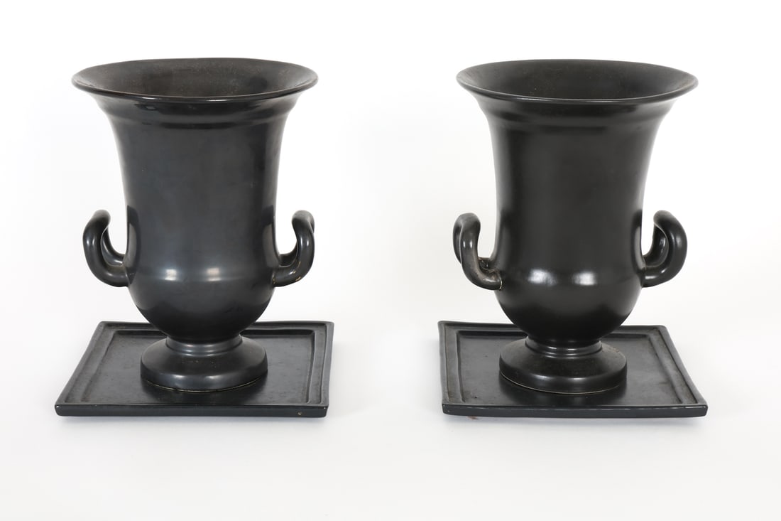 PAIR OF CERAMIC URNS AND UNDERPLATES (1 of 12)