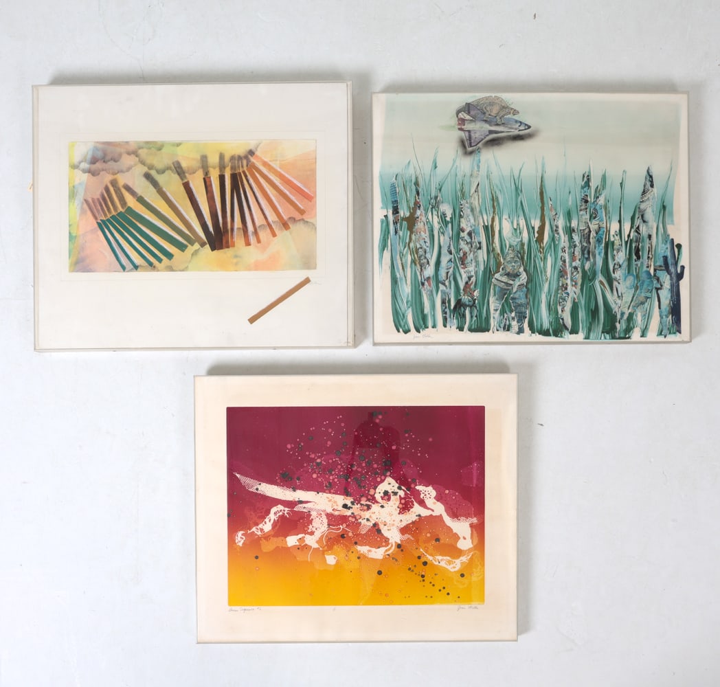 JOAN MILLER (20TH C.) ABSTRACT PRINTS & M/M: Each signed by artist in right lower corner. (2) Mixed media collages, and (1) print. 20th century. Dimensions: Each Frame H 20.25" x W 24.5". Sight H 15" x W 19.25". Conditions: Minor scuffs to frame
