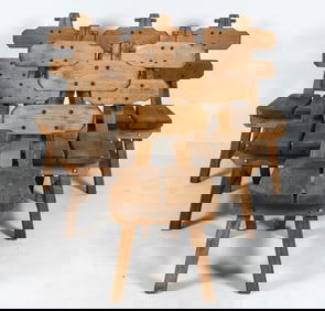 (6) SPANISH OAK BRUTALIST DINING CHAIRS C. 1970S