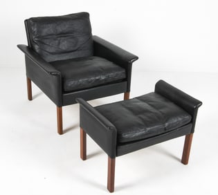 HANS OLSEN DANISH LEATHER CHAIR AND OTTOMAN 1960S