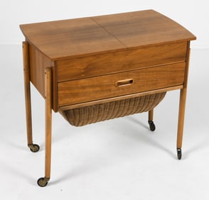 DANISH WALNUT & WICKER SEWING TABLE 1960S