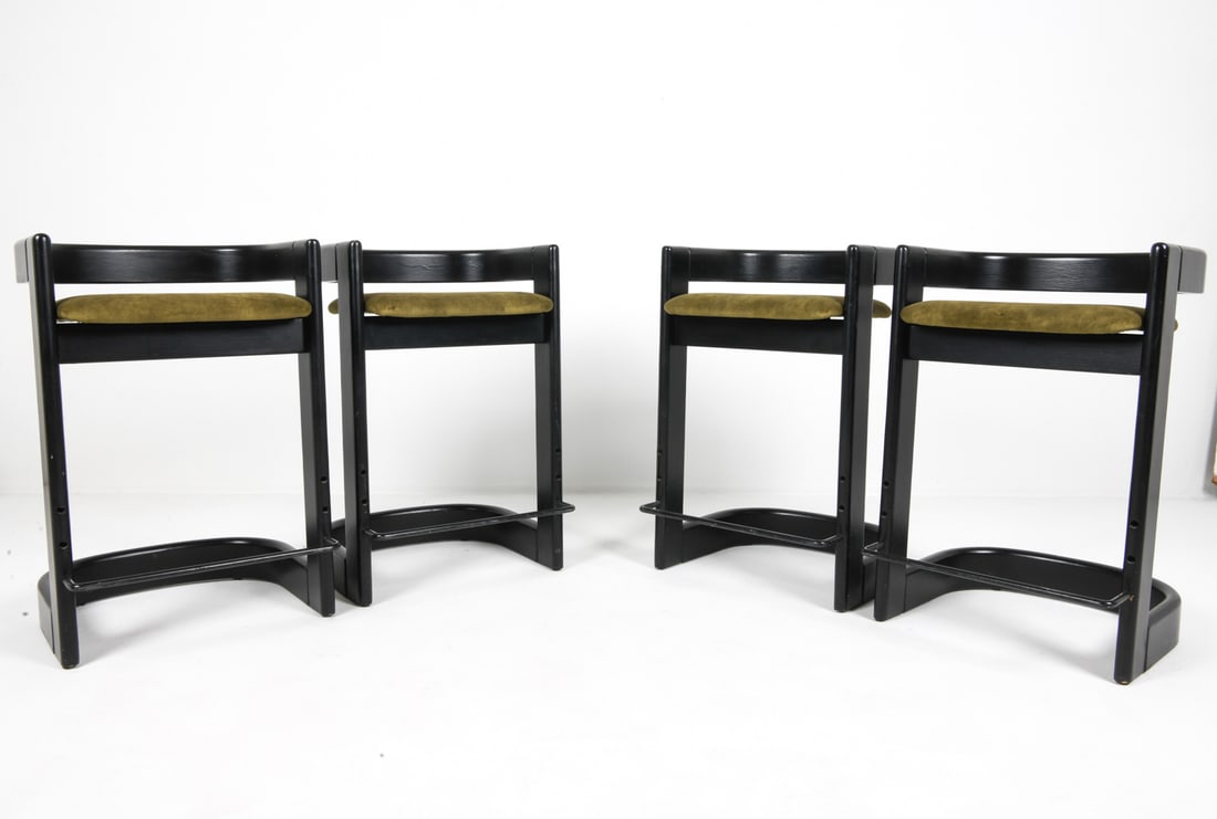 (4) WILLY RIZZO STYLE ITALIAN BARSTOOLS: Newly reupholstered in fabric. Italy, circa 1970s. Dimensions: H 29.25" x W 19" x D 19.75" x Sh 24.5" Condition: Wear consistent with age and use, including scratches and dings. PP095