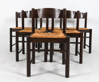 (6) ITALIAN BRUTALIST OAK & RUSH DINING CHAIRS