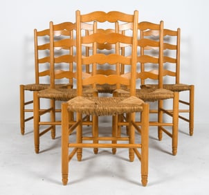 (6) FRENCH OAK & RUSH DINING CHAIRS C. 1950S