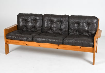 YNGVE EKSTROM STYLE PINE & LEATHER SOFA C. 1970S
