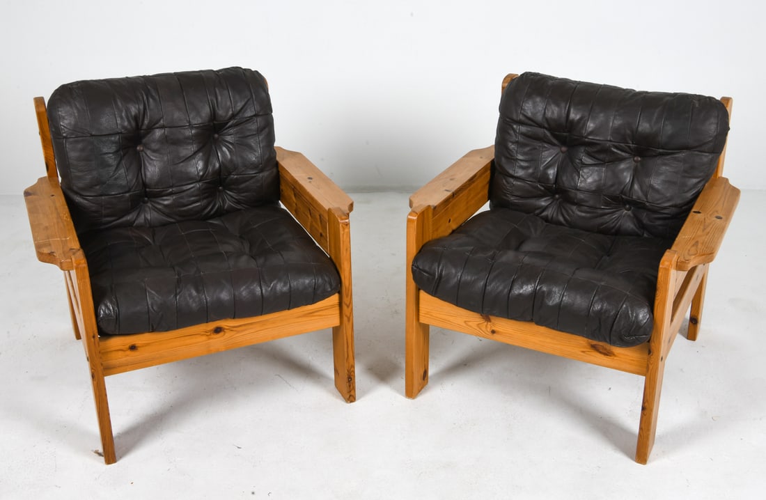 YNGVE EKSTROM STYLE PINE & LEATHER CHAIRS C. 1970S (1 of 14)