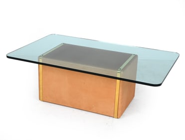 MID-CENTURY LEATHER, BRASS & GLASS COFFEE TABLE