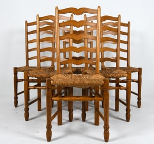 (6) DUTCH OAK & RUSH DINING CHAIRS C. 1950S