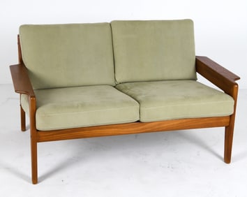 ARNE WAHL IVERSEN TEAK & LEATHER TWO SEATER SOFA
