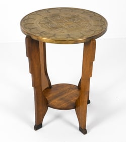 ART DECO DUTCH BRASS OAK GUERIDON SIDE TABLE 1930S