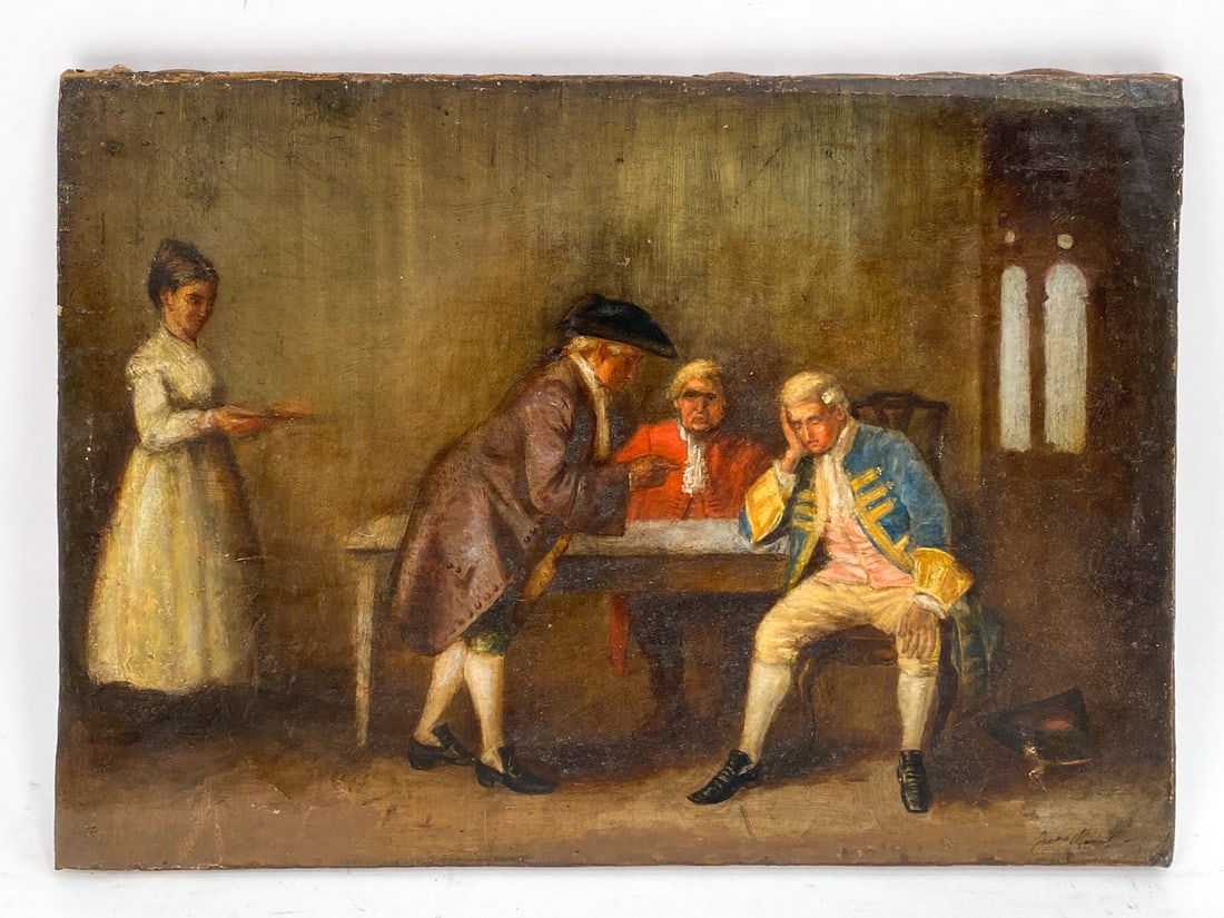 JOHN ROBERTSON REID (UK,1851-1926) O/C: Depiction of a man sitting at a table receiving bad news. Signed indistinctly. Titled "Colonial Grievance". Unframed. Dimensions: H 14" x W 19.5" Condition: Wear consistent with age and minor chips at