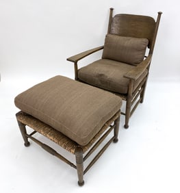 VINTAGE HOLLY HUNT ROPE & OAK CHAIR WITH OTTOMAN