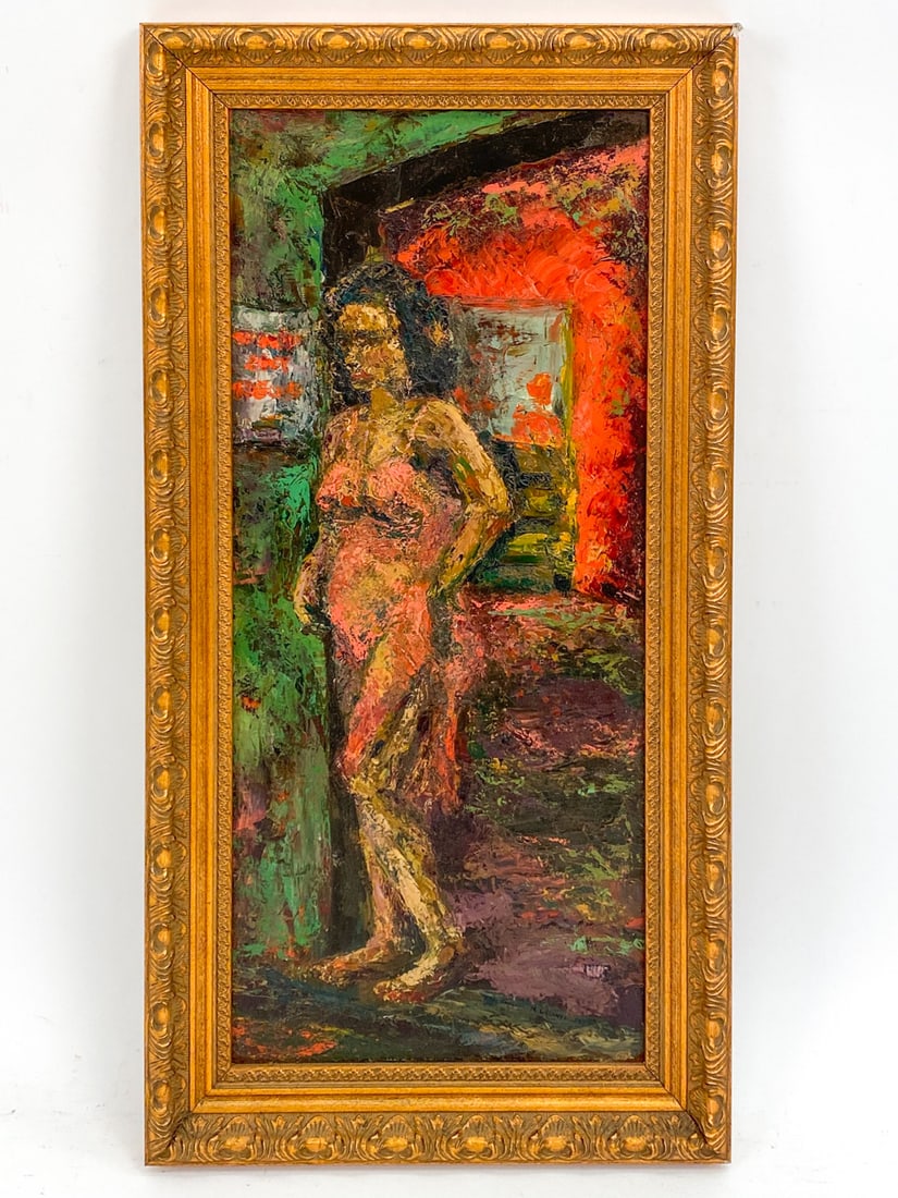 N. GODWIN 1954 ABSTRACT O/B: Depicts a woman in a dress. Titled "A Mi Amigo", dated 1954, and signed lower right. Oil on board. Dimensions: (Frame) H 30" x W 15.5" (Panel) H 25.75" x W 11.75" Condition: Wear consistent with age.